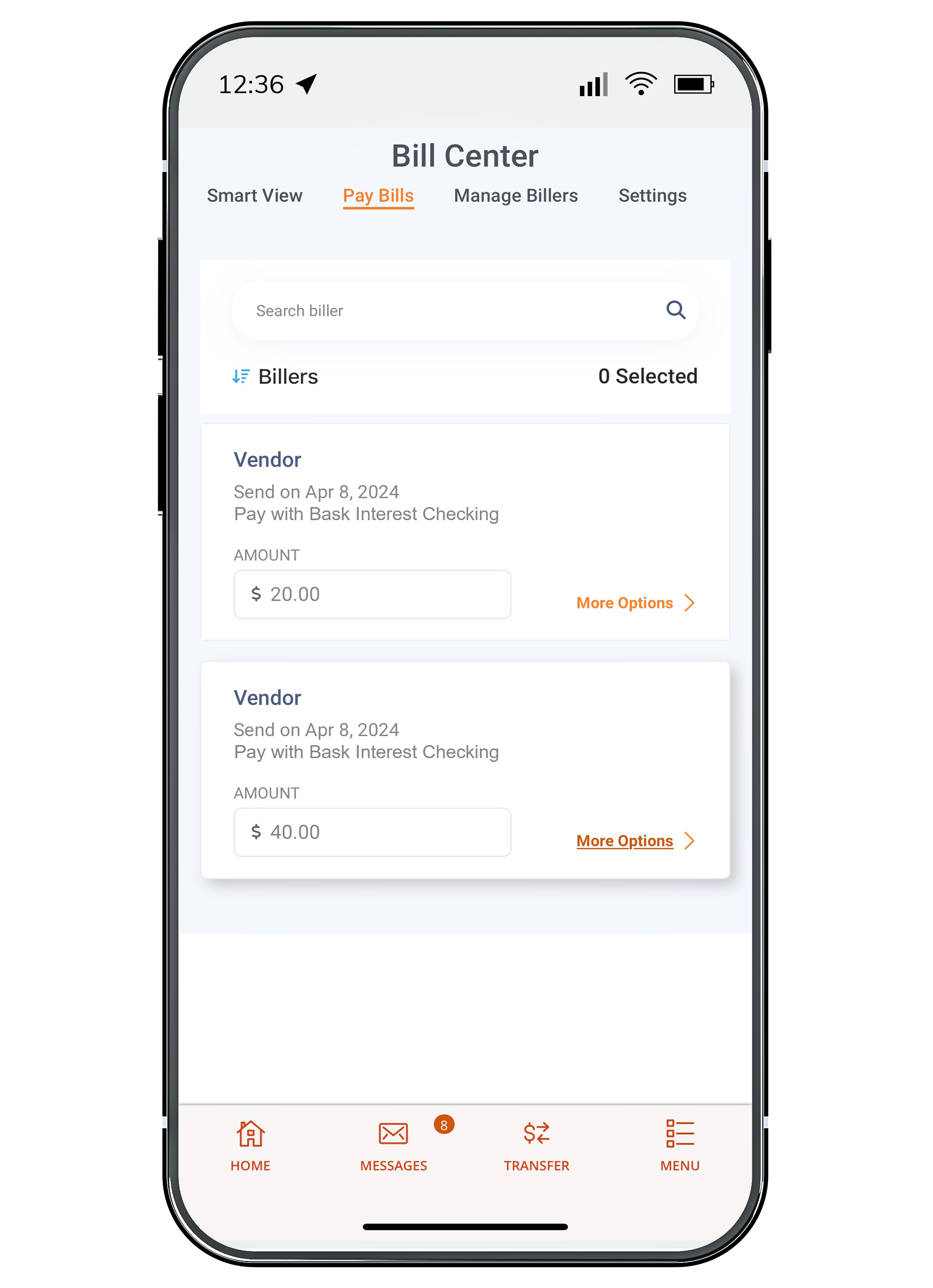 bill pay  section for online app