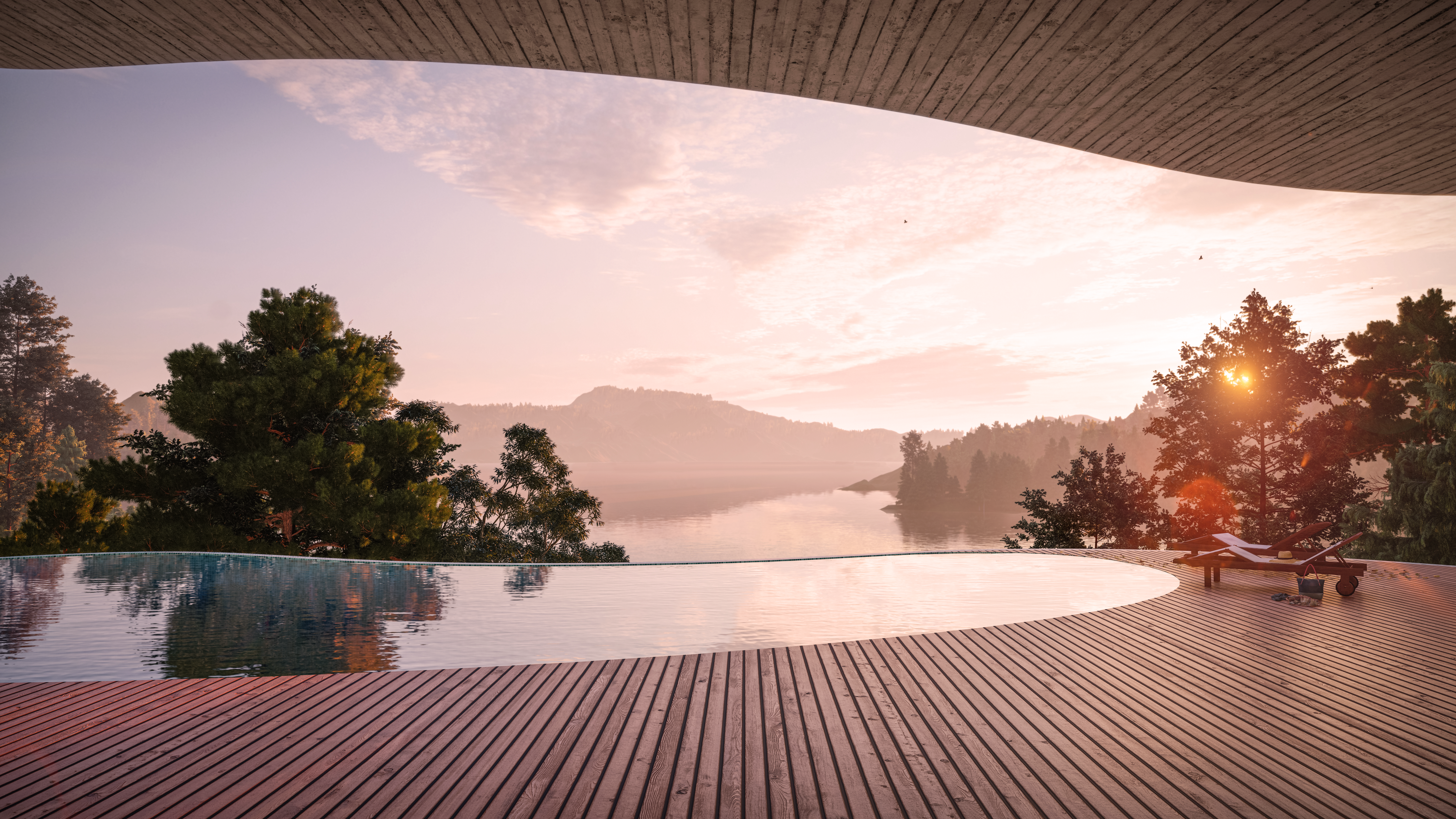 Wooden deck and awning overlooking infinity edge pool, trees, and mountains